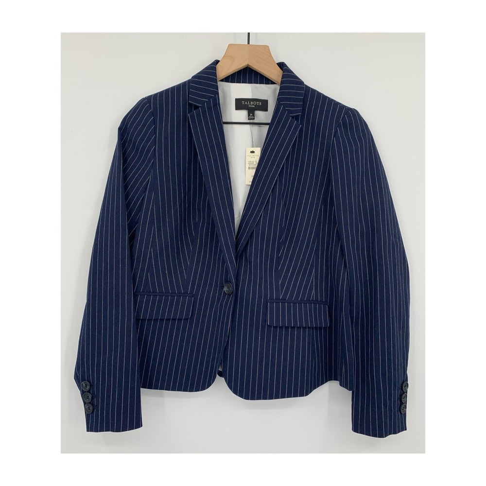 Talbots Blazer Womens 2 Petite Navy Blue Pinstripe Stretch Cotton Preppy NEW